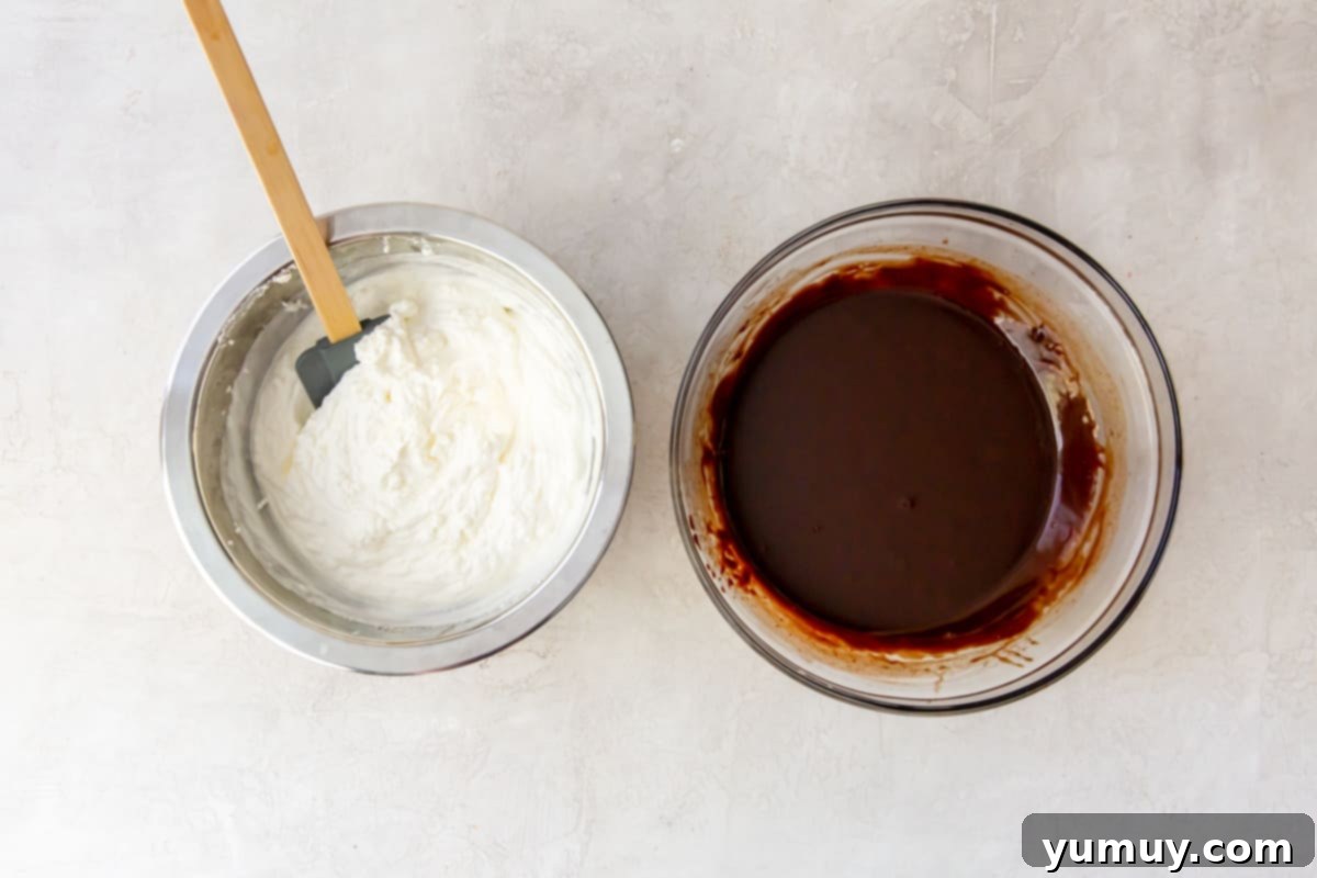 Decadent Chocolate Dream Cake 16 two bowls of chocolate mousse ingredients before combining