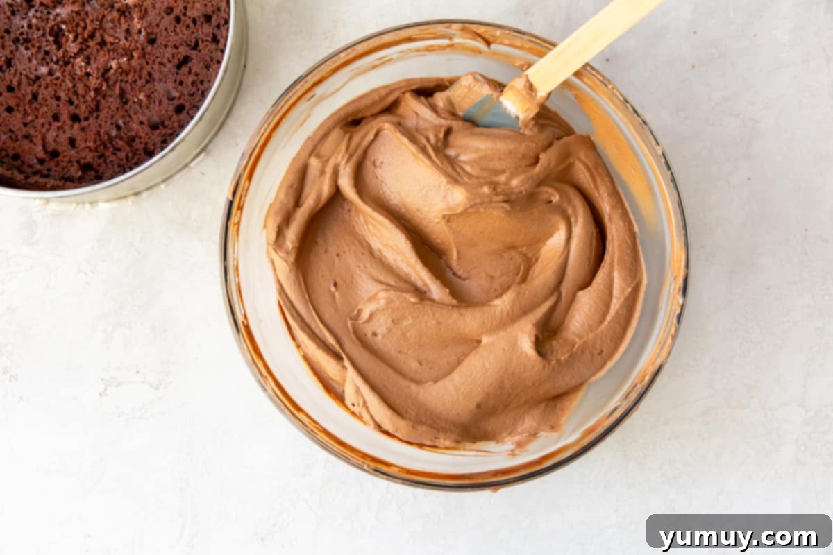 Decadent Chocolate Dream Cake 17 chocolate mousse in a bowl with a spatula