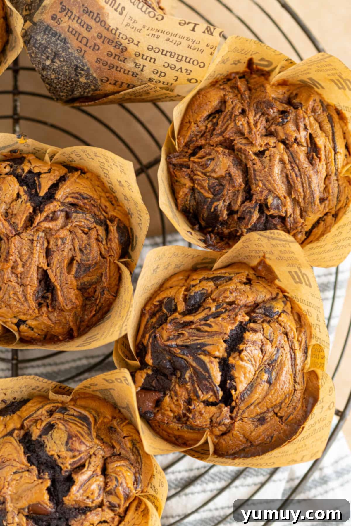 overhead image of chocolate peanut butter muffins on a cooling rack