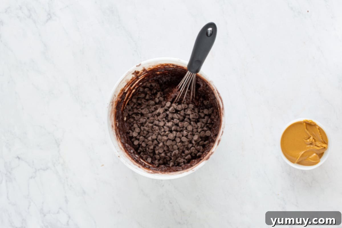 chocolate chips added to chocolate muffin batter in a white bowl with a whisk