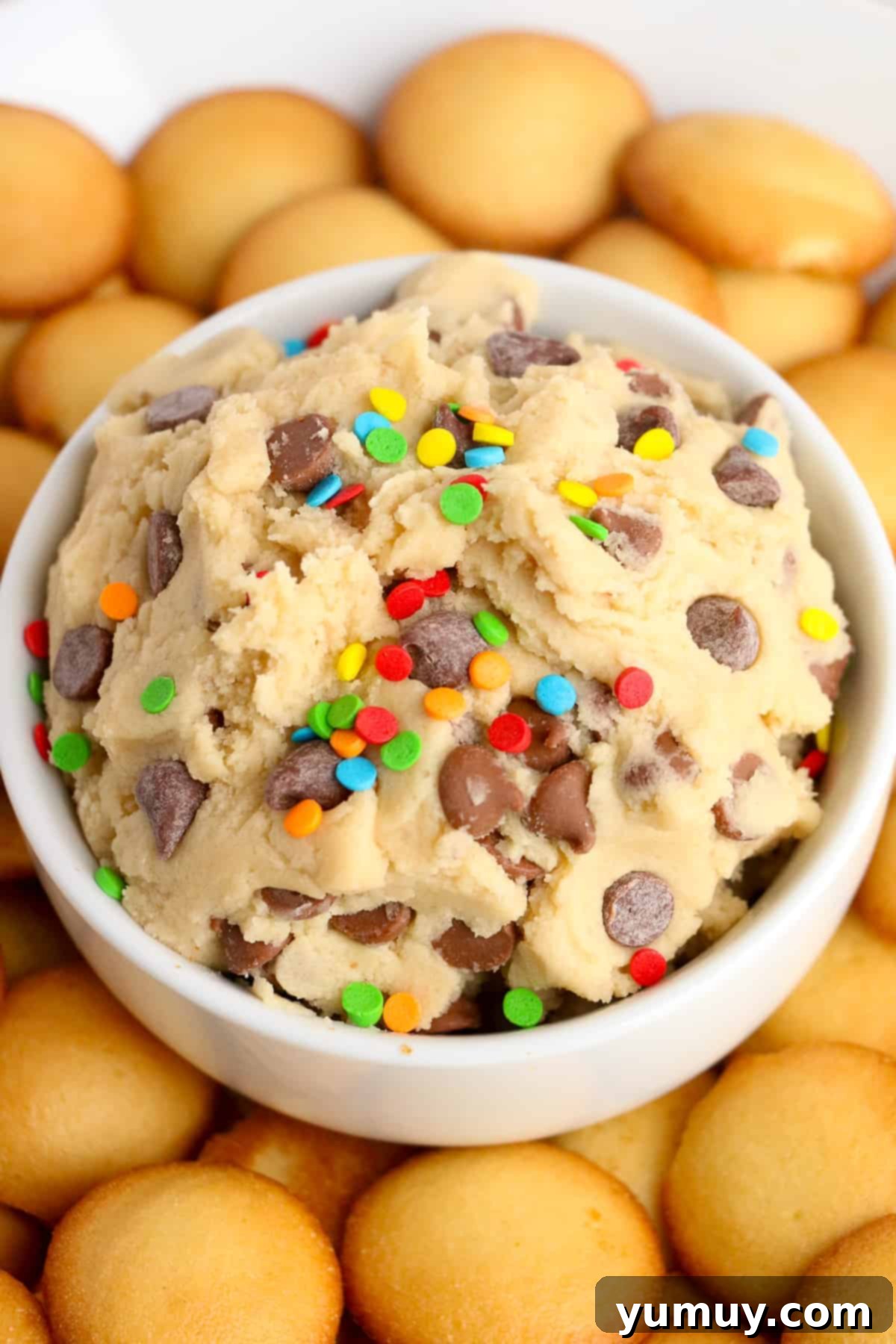 chocolate chip cookie dough dip in white bowl with vanilla wafers