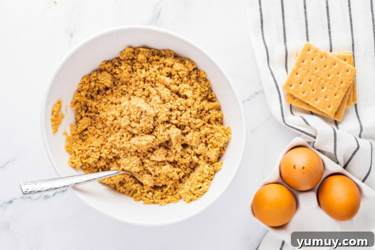 A mixture of graham cracker crumbs, melted butter, sugar, and pumpkin pie spice in a white bowl, ready to be formed into a crust.