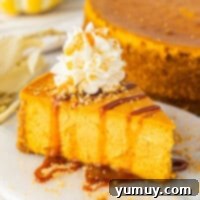 A slice of pumpkin cheesecake, elegantly adorned with caramel drizzle and a dollop of whipped cream, presented on a pristine white plate, inviting indulgence.
