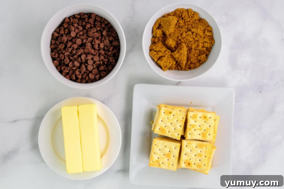 Yuletide Toffee Obsession 5 measured ingredients for christmas crack in individual bowls.