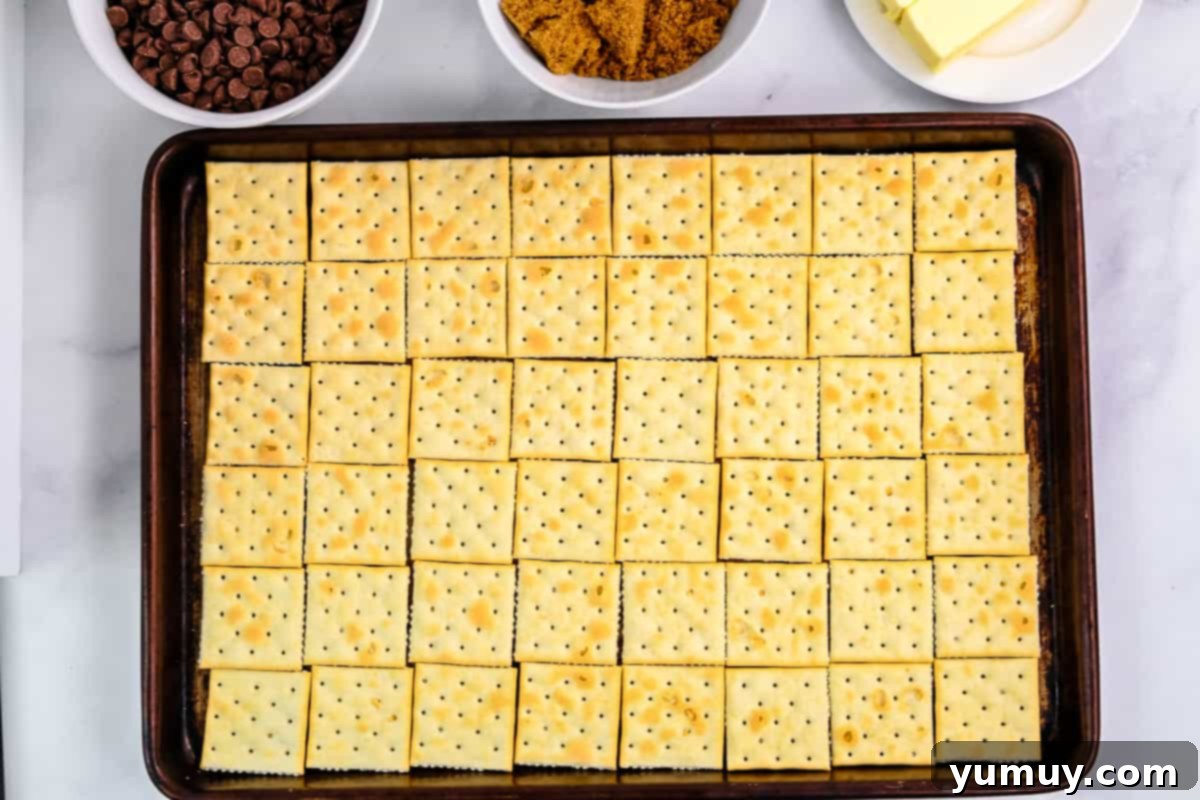 Yuletide Toffee Obsession 6 saltine crackers in a single layer on an XL baking sheet.