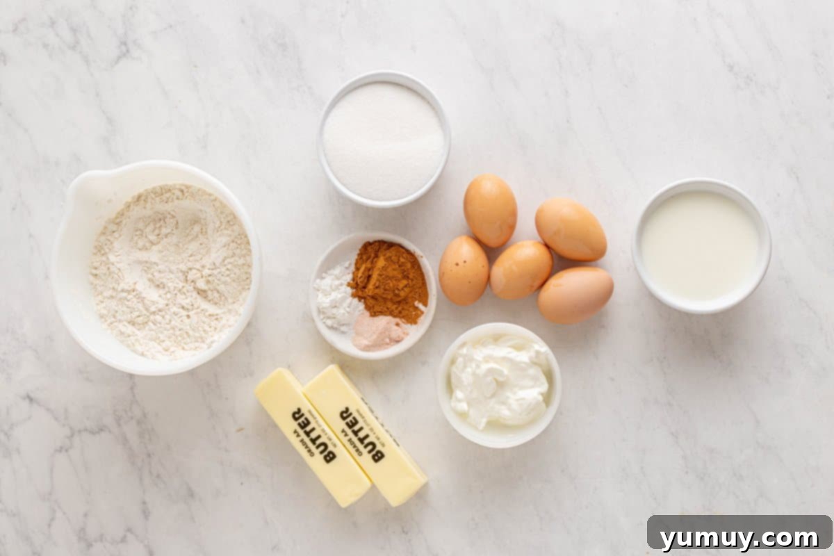 Golden Cinnamon Bundt Cake 19 overhead view of churro bundt cake ingredients.