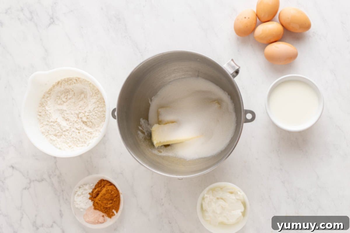 Golden Cinnamon Bundt Cake 26 butter and sugar in a stainless steel mixing bowl.