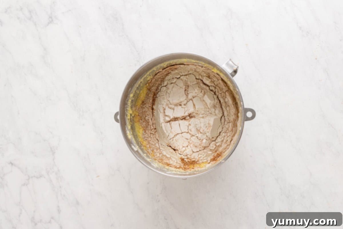 Golden Cinnamon Bundt Cake 28 dry ingredients mixed into wet ingredients in a stainless steel bowl.