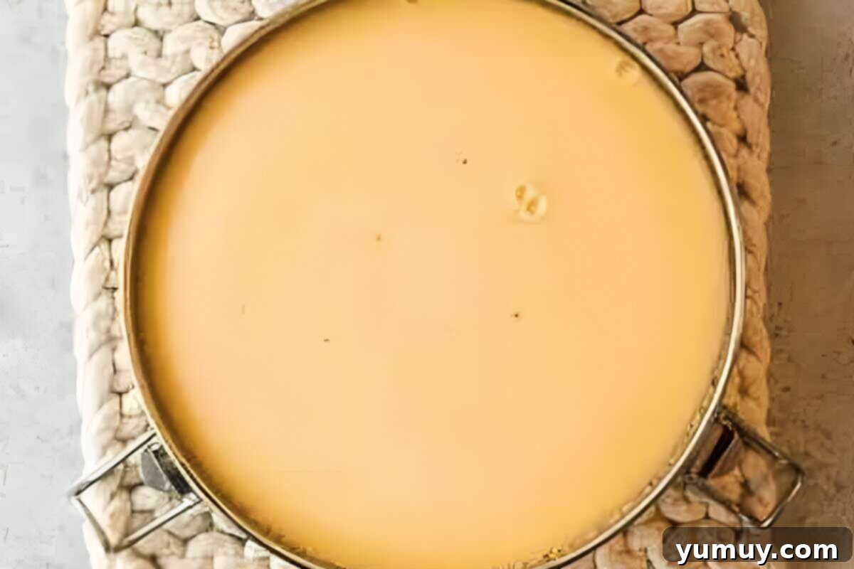 A freshly baked flan, still in its round pan, cooling on the counter.