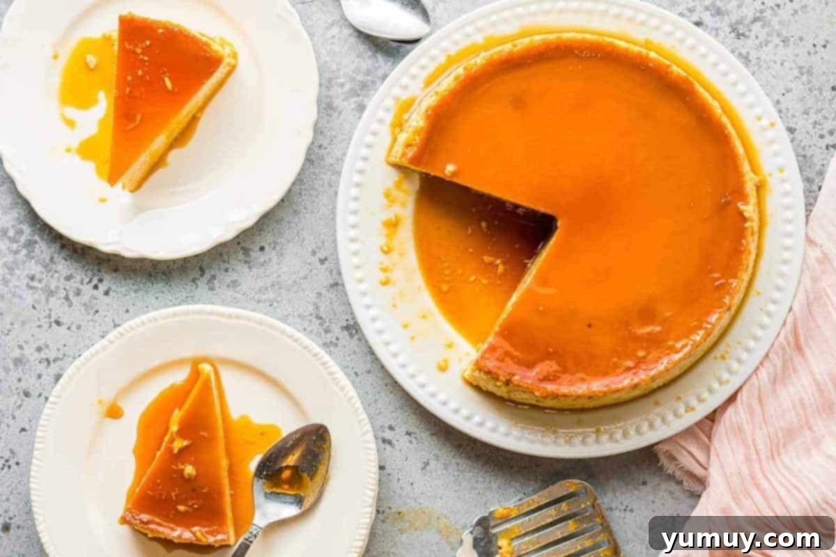 A whole homemade flan surrounded by individual plates with slices of flan, highlighting its serving appeal.