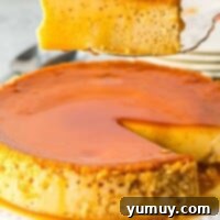 slice out of flan with golden caramel