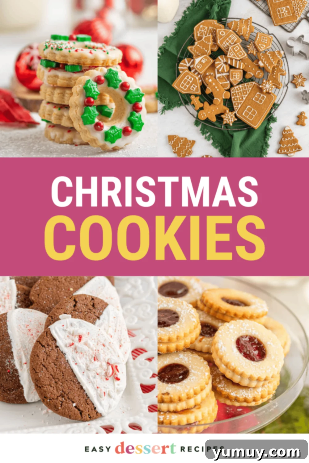 A vibrant collection of festive Christmas cookies, beautifully arranged to showcase their various shapes, colors, and decorations, inviting viewers to indulge in holiday baking.