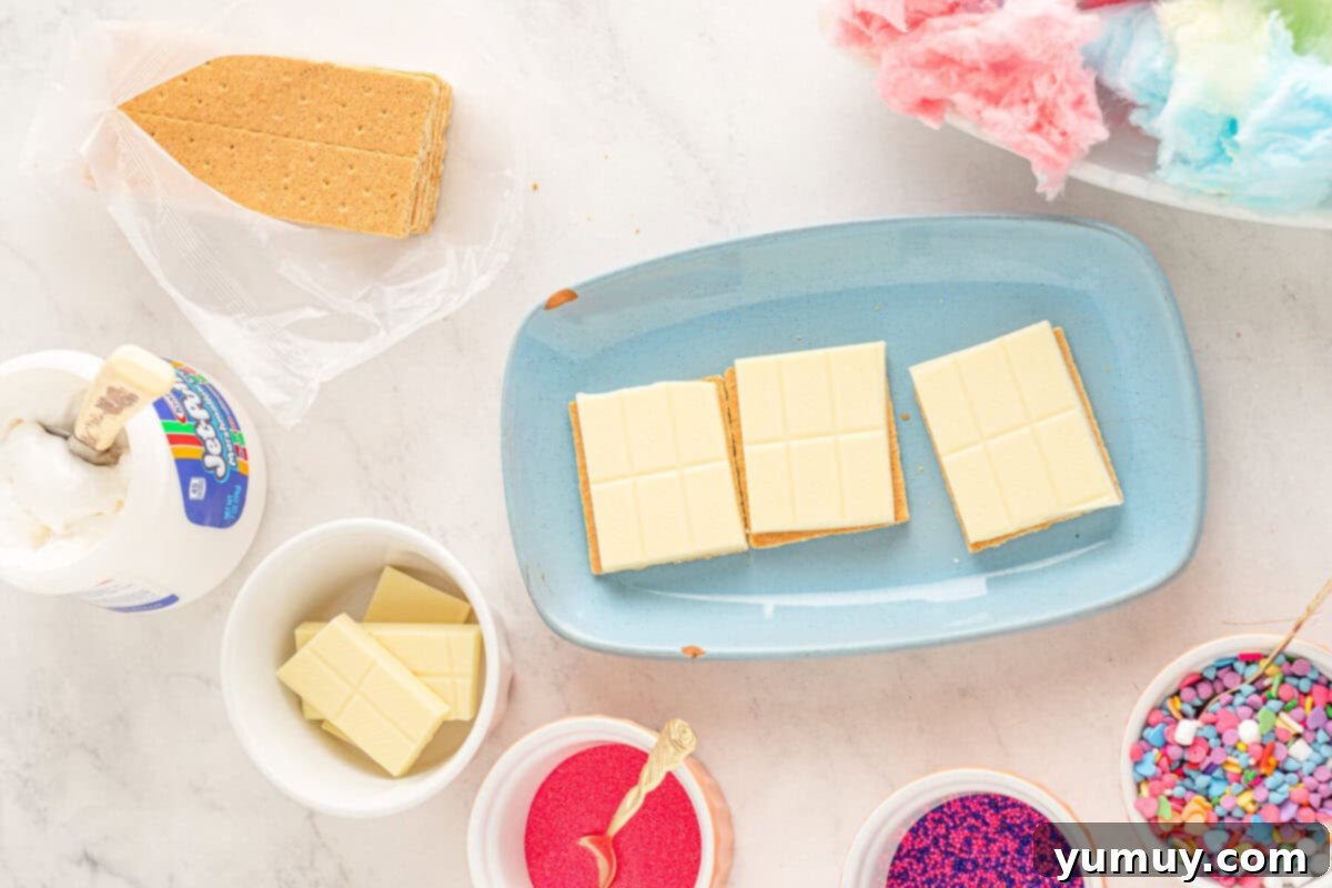 Cloud Nine S'mores 8 white chocolate squares on top of graham crackers on a blue plate