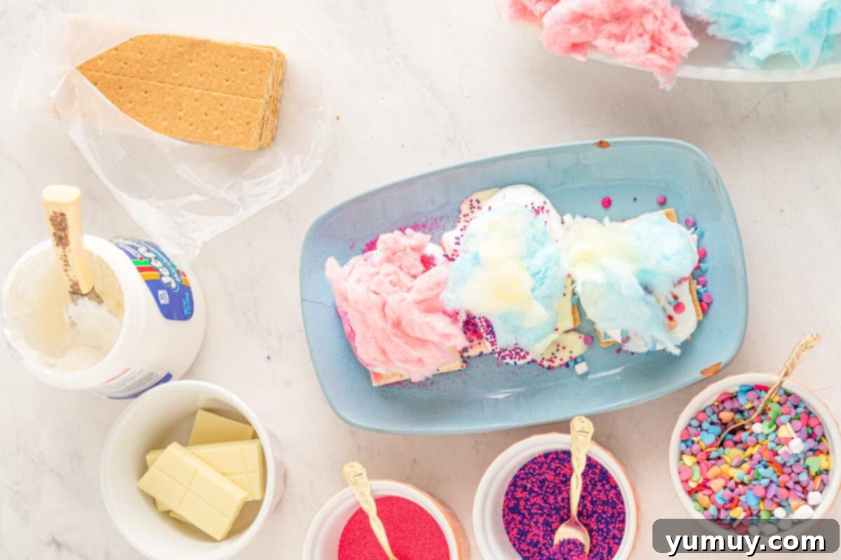 Cloud Nine S'mores 9 cotton candy and sprinkles on top of white chocolate and graham crackers on a blue plate