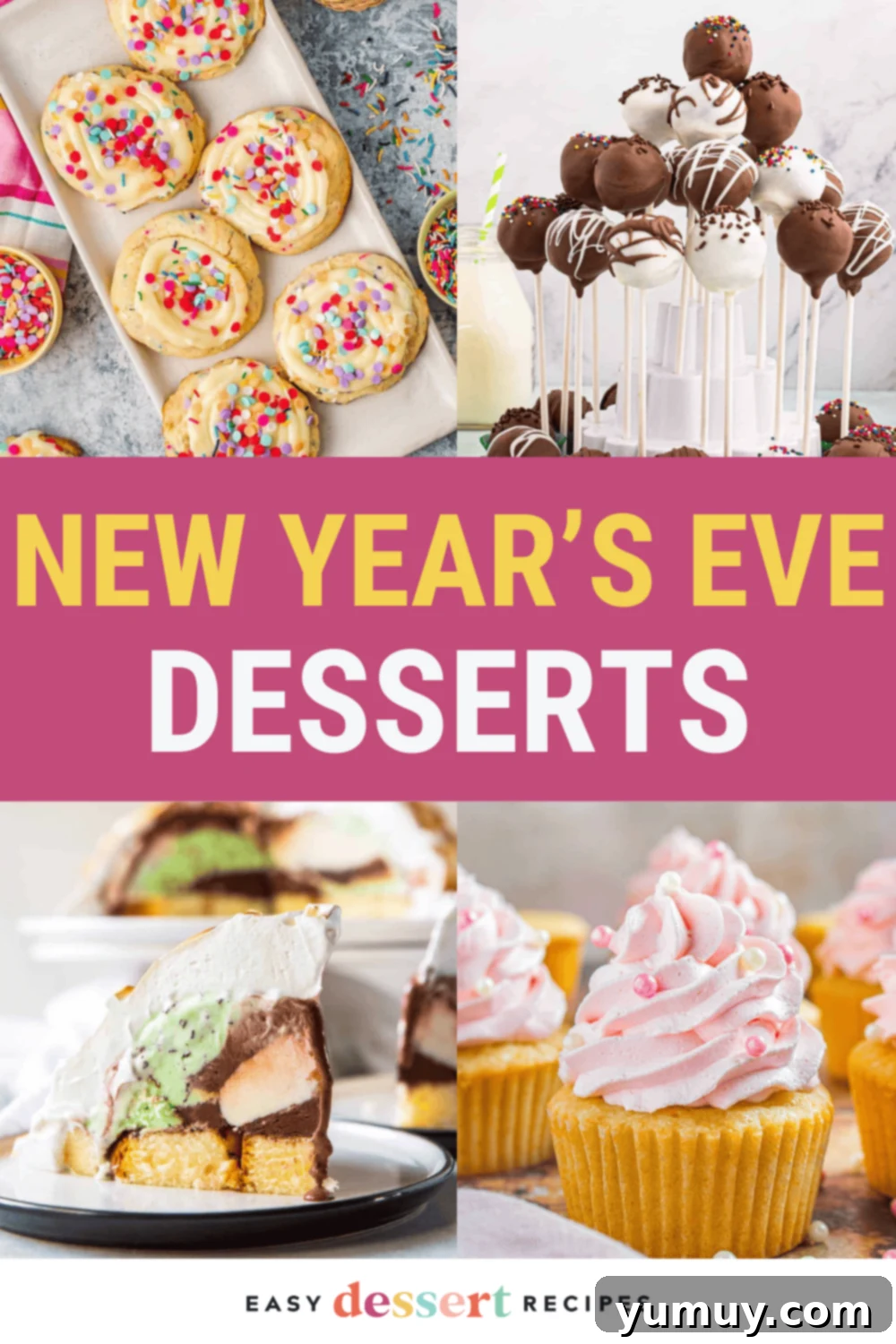 A vibrant collection of New Year's Eve desserts, featuring an array of festive cakes, cookies, and individual treats, perfect for a celebration.