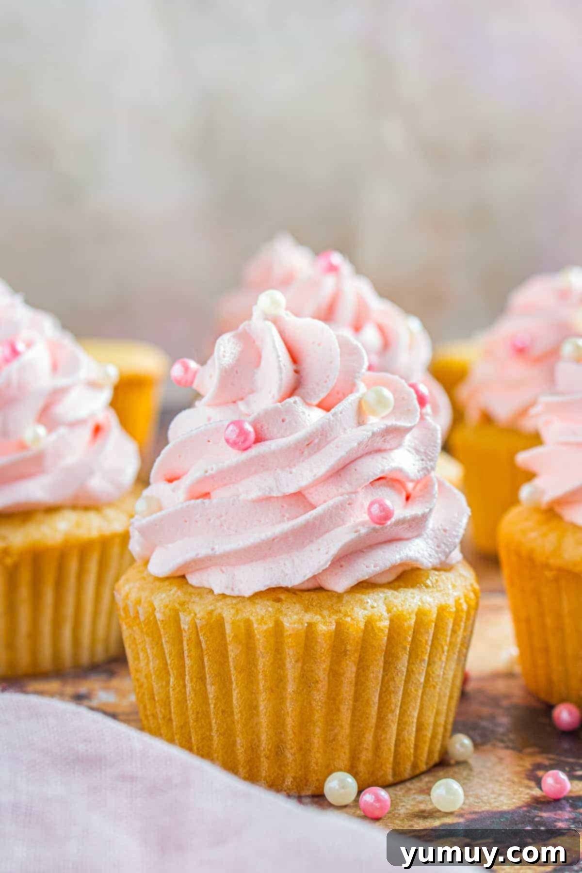 Delicate pink champagne cupcakes adorned with fluffy pink champagne buttercream frosting, ready for a festive New Year's toast.