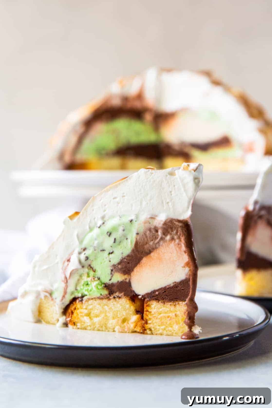 A perfectly sliced Baked Alaska revealing layers of golden-brown meringue, fluffy cake, and creamy ice cream on a white plate.