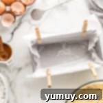 Loaf pan properly lined with parchment paper and sprayed with nonstick spray.