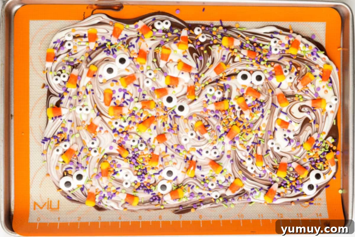 Melted chocolate bark decorated with candy.