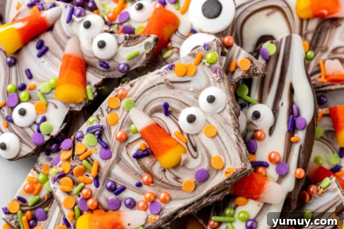Chunks of Halloween candy bark.