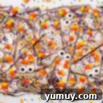 halloween chocolate bark with monster eyes broken apart
