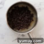 adding chocolate chips to melted butter in a saucepan.