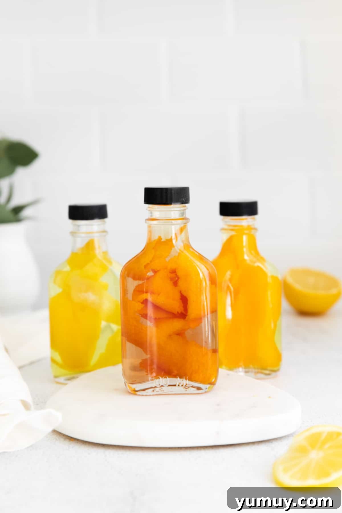 Handcrafted Lemon Orange Blood Orange Essence 2 three bottles of homemade extracts (orange extract, lemon extract, and blood orange extract)