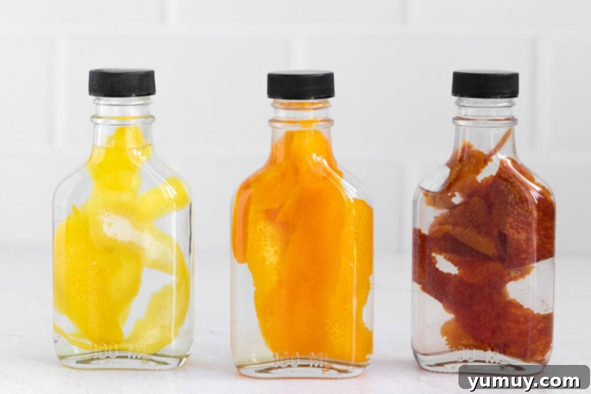 Handcrafted Lemon Orange Blood Orange Essence 8 three clear bottles filled with homemade citrus extracts