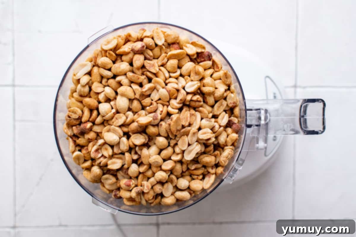 Craft Your Own Peanut Butter 8 Dry-roasted peanuts inside a food processor, mid-blend, showing the transition from whole nuts to a crumbly texture.