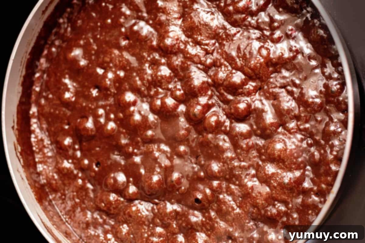 Decadent Chocolate Fudge Sauce 11 A rich, dark hot fudge sauce gently boils in a saucepan, its surface shimmering as it thickens to the perfect consistency for a luxurious dessert topping.