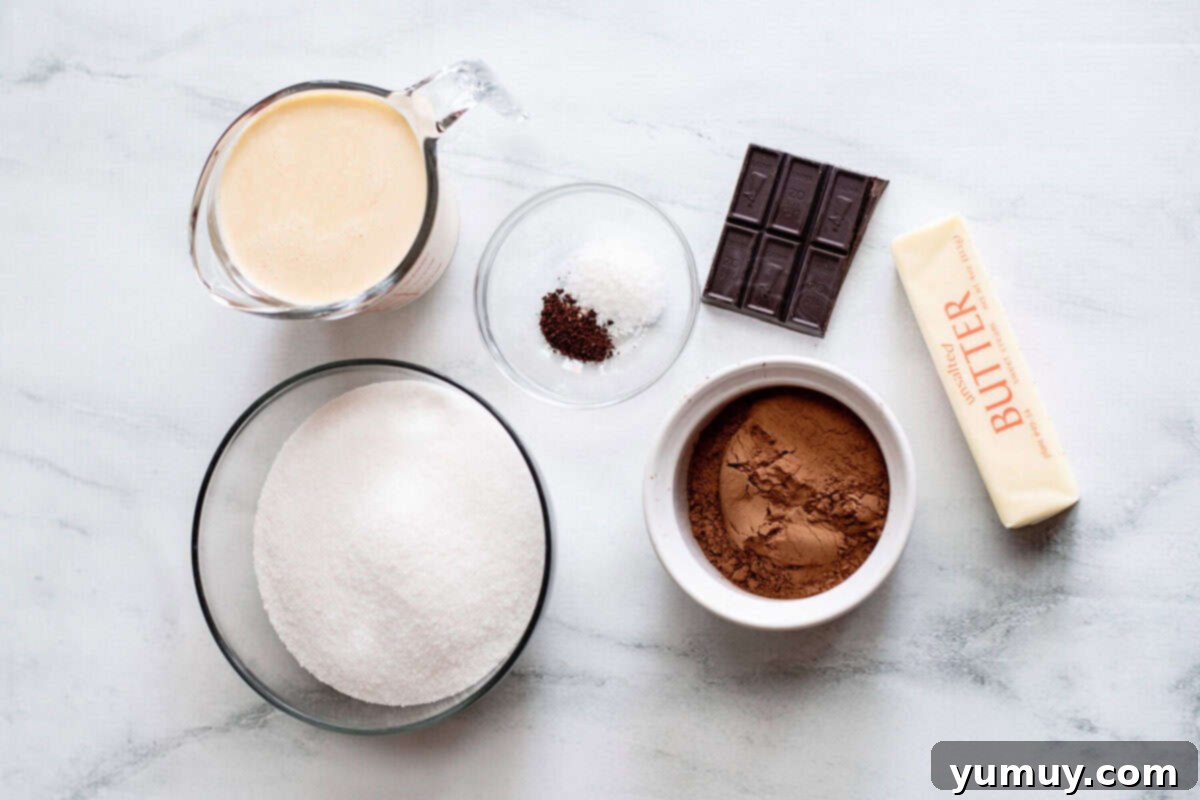 Decadent Chocolate Fudge Sauce 8 A perfectly arranged collection of homemade hot fudge ingredients on a countertop, including cocoa, sugar, butter, and milk, ready for cooking.