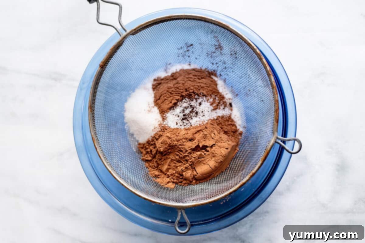 Decadent Chocolate Fudge Sauce 9 A fine-mesh sieve gently sifts dry ingredients into a bowl, ensuring a smooth, lump-free base for the decadent hot fudge sauce.