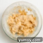 A bowl of crumbly cookie dough after flour and salt have been mixed in, ready to be formed.