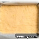 Cookie dough gently pressed into a rectangular shape on a parchment-lined baking pan.