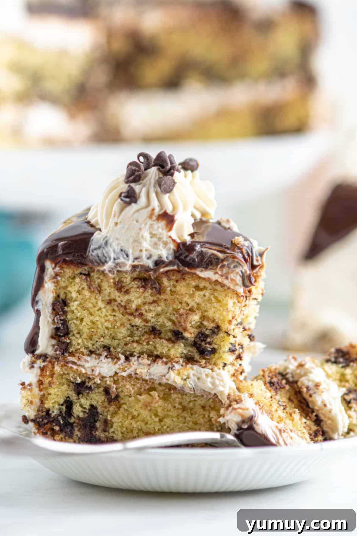 A beautifully presented slice of milk and cookies cake, showcasing moist vanilla layers, chocolate chips, creamy frosting, and decadent ganache drizzle.
