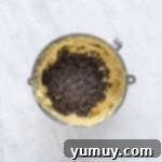 A bowl of cake batter with mini chocolate chips, ready to be mixed, on a marble countertop.