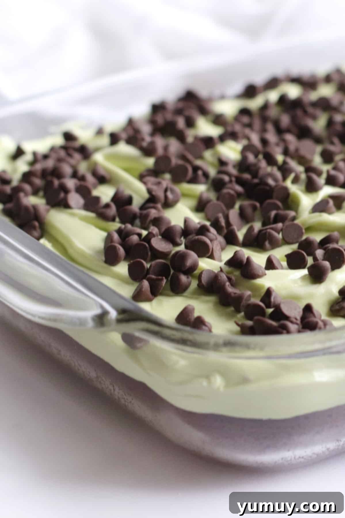 close up mint chocolate chip brownies in a glass pan