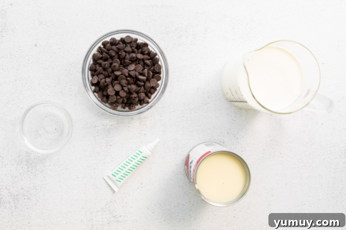 No-Churn Mint Chip Bliss 8 A neatly arranged collection of ingredients for no-churn mint chocolate chip ice cream, including heavy cream, sweetened condensed milk, mint extract, green food coloring, and chocolate chips.