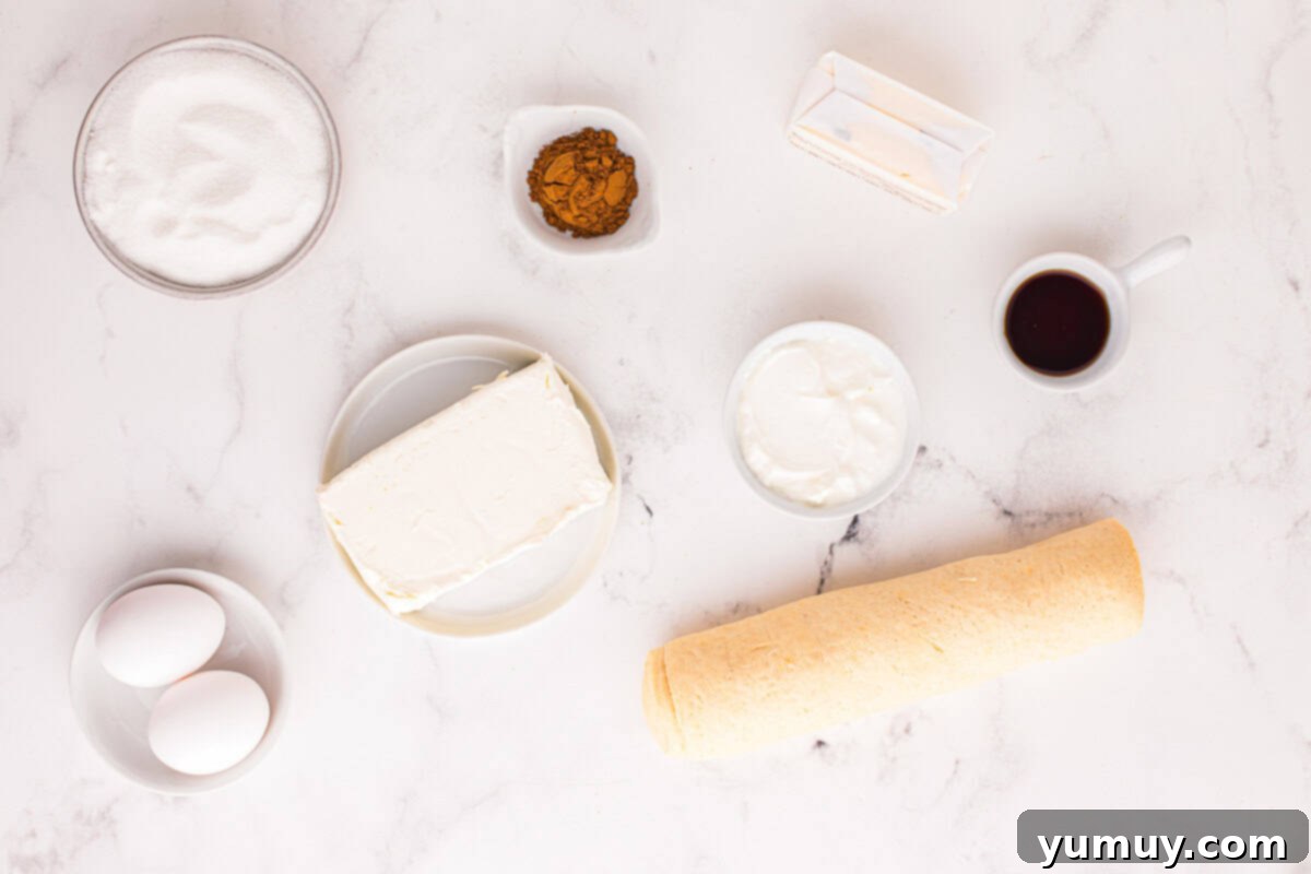 All the essential ingredients for making churro cheesecake, neatly arranged and ready for preparation.