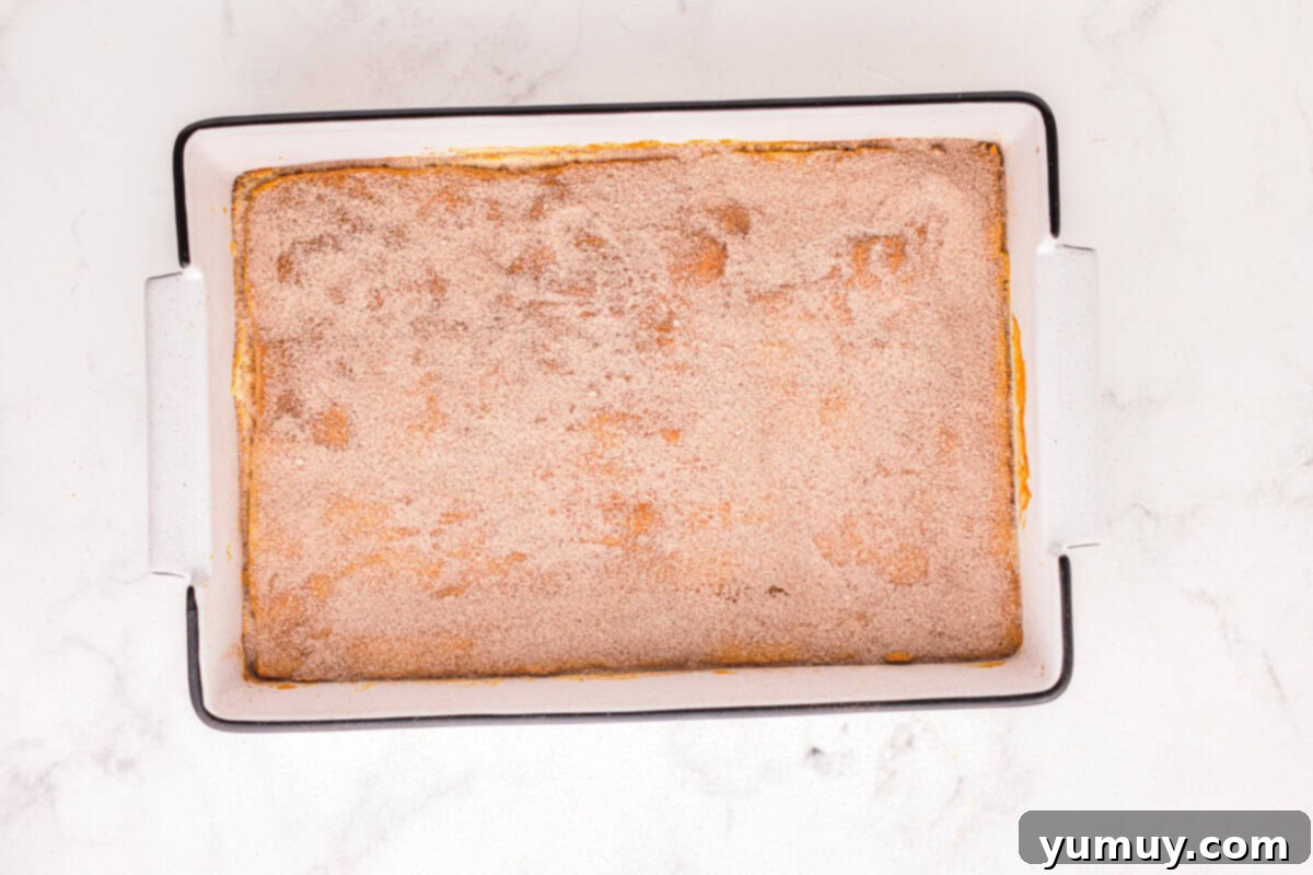 A generous layer of cinnamon sugar delicately sprinkled over the baked churro cheesecake bars, nestled in a rectangular baking pan.