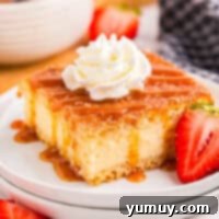 A churro cheesecake bar on a white plate with whipped cream, caramel sauce, and strawberries.