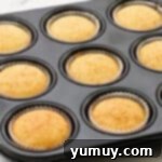 Freshly baked cupcakes in a cupcake tin, golden brown and ready to cool.