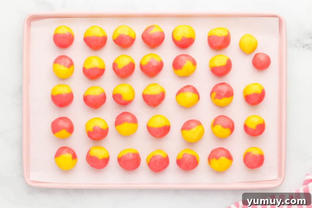 A baking sheet neatly lined with individual pink and yellow swirled cookie dough balls, ready for chilling.