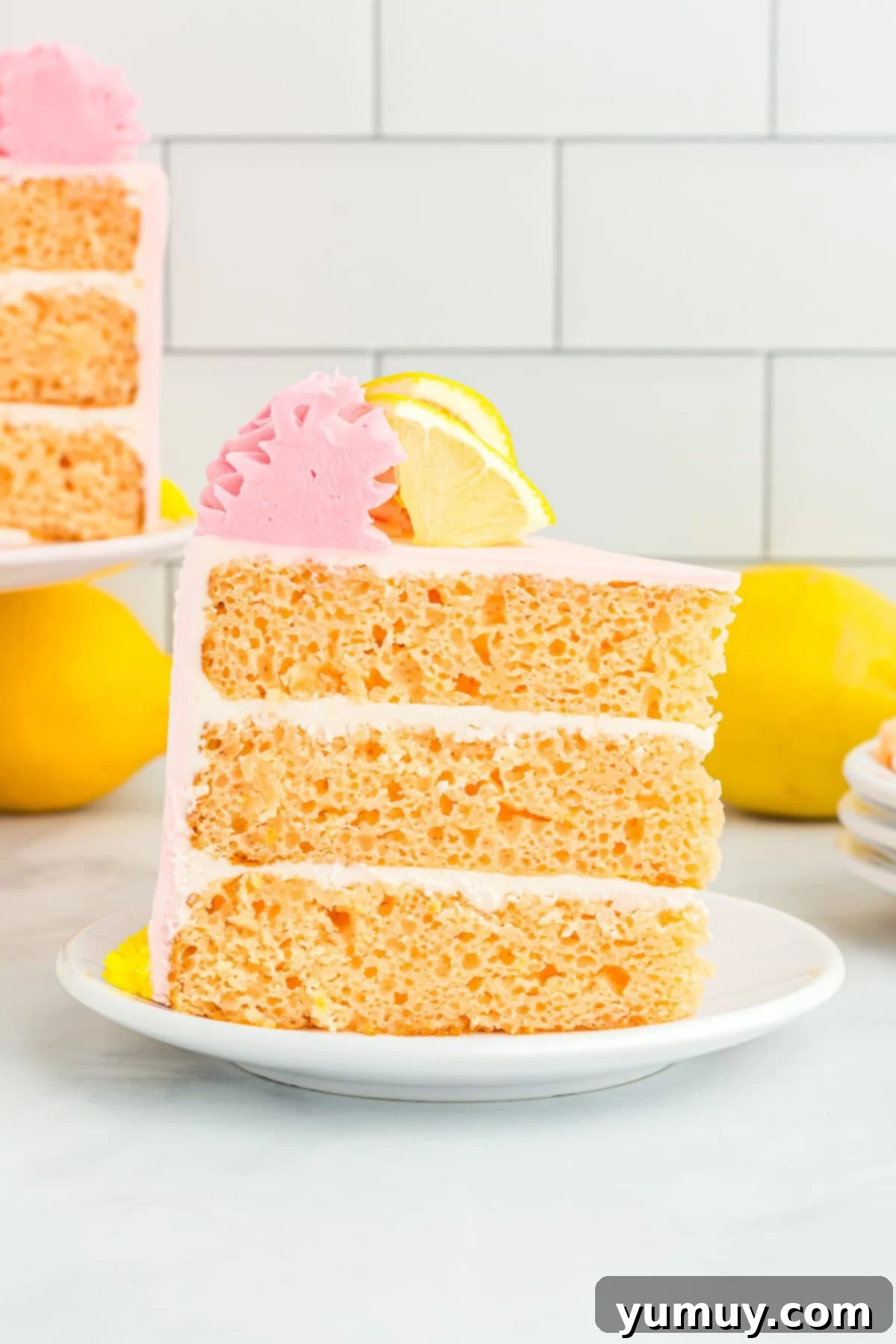 Vibrant Strawberry Lemon Cake 2 side view of a slice of pink lemonade cake on a white plate.