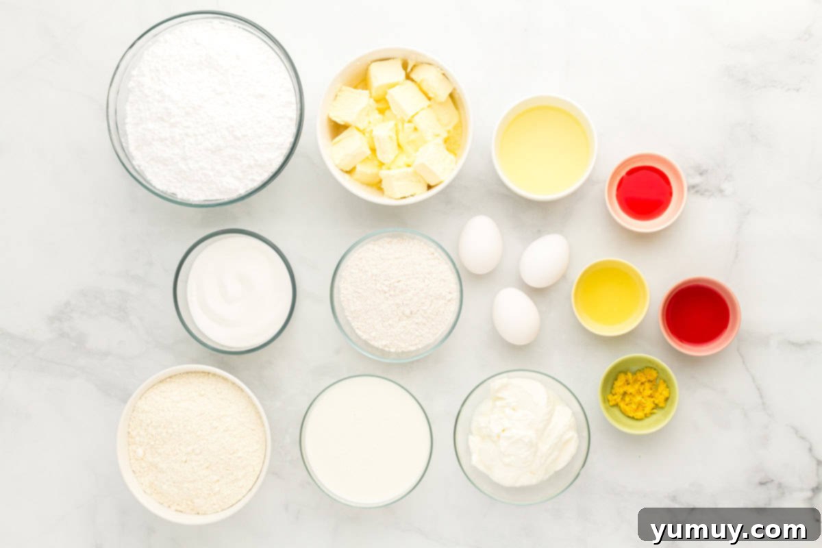 Vibrant Strawberry Lemon Cake 15 ingredients for pink lemonade cake.