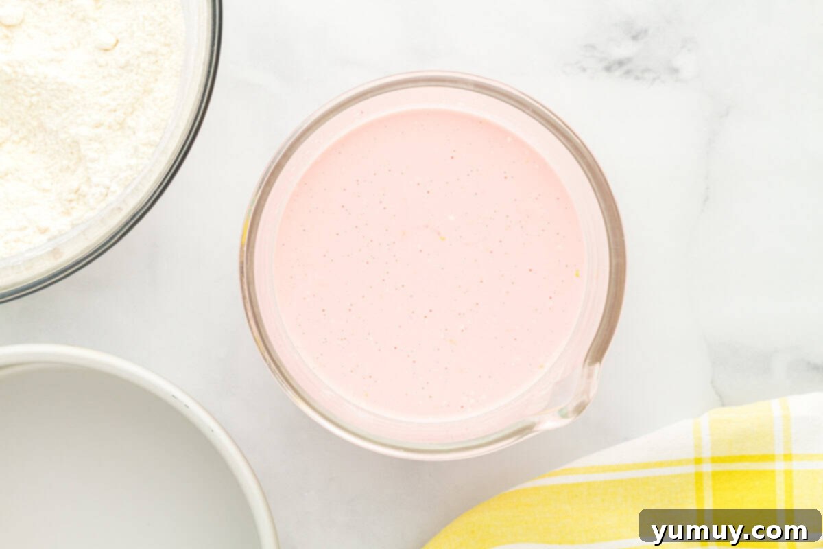 Vibrant Strawberry Lemon Cake 17 pink-tinted batter in a glass bowl.