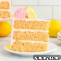 Vibrant Strawberry Lemon Cake 4 side view of a slice of pink lemonade cake on a white plate.