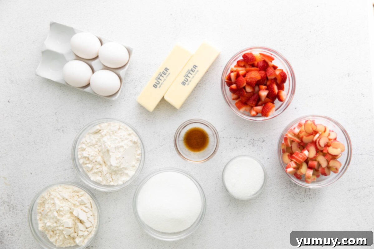 ingredients for strawberry rhubarb pound cake.