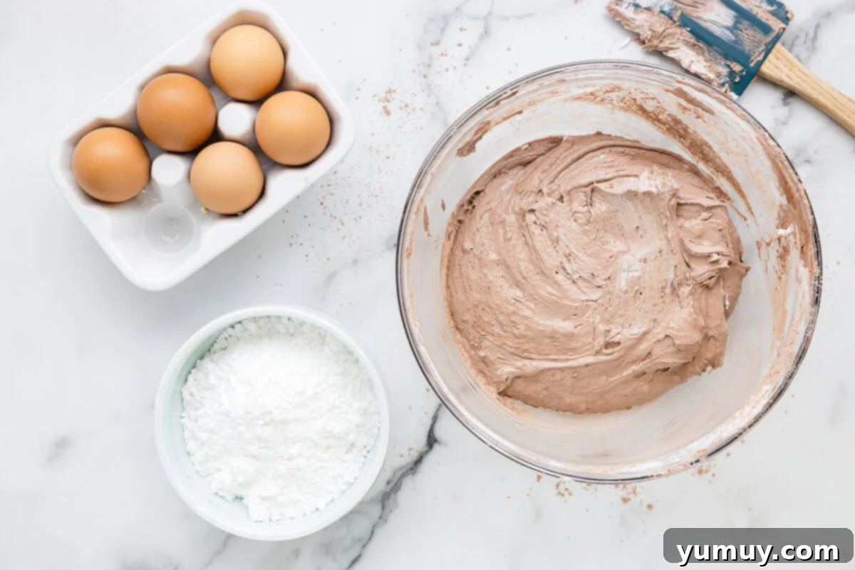 Cool Whip Cloud Cookies 10 Chocolate cookie dough in a glass bowl next to a bowl of powdered sugar, showing the sticky consistency of the dough.