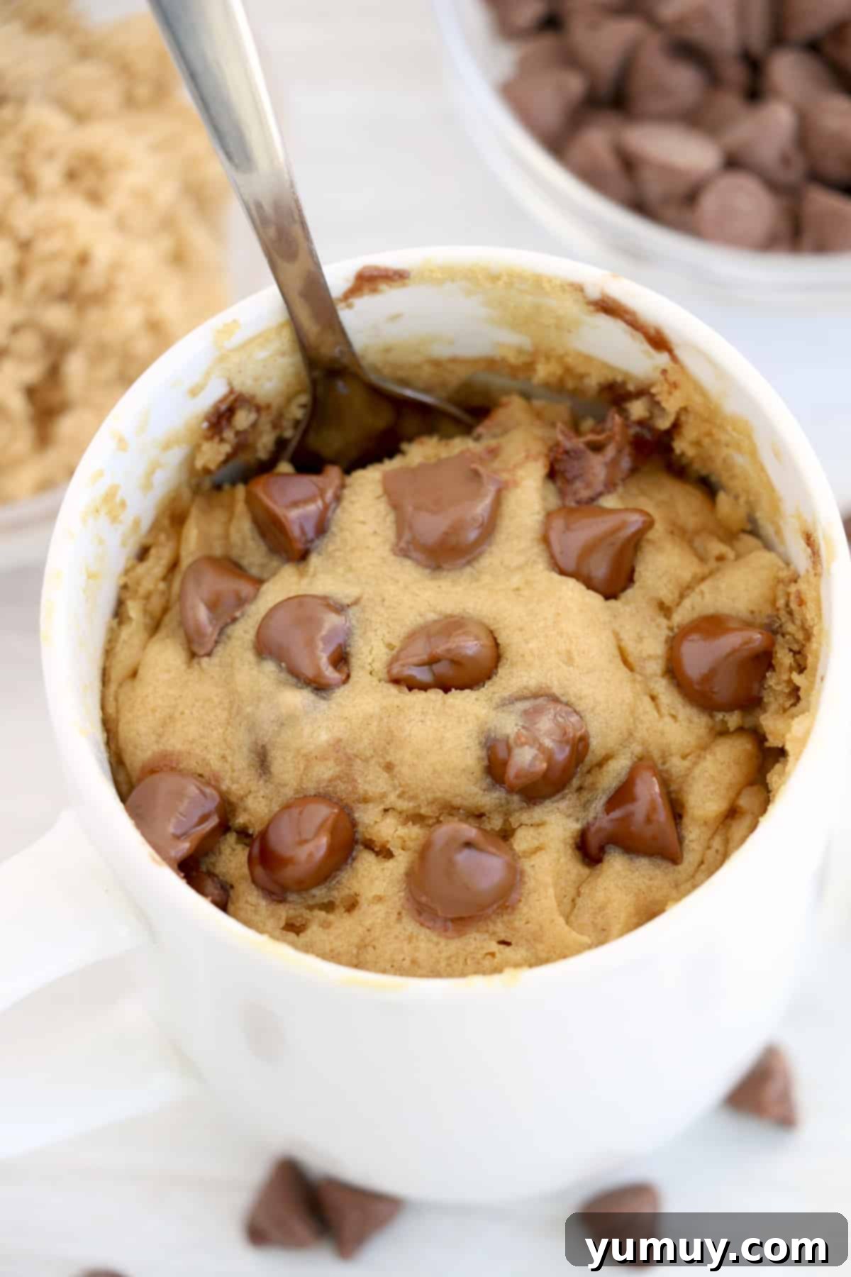 Decadent Peanut Butter Mug Delight 2 Three-quarters view of peanut butter chocolate chip mug cake in a white mug, showcasing its fluffy texture and melted chocolate chips.
